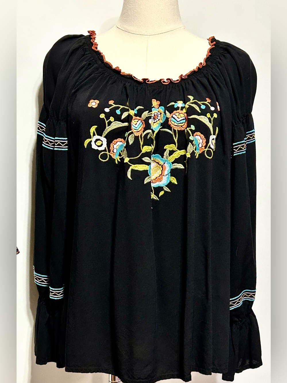 Melissa Paige Black Peasant Tunic with Multicolor Floral Embroidery